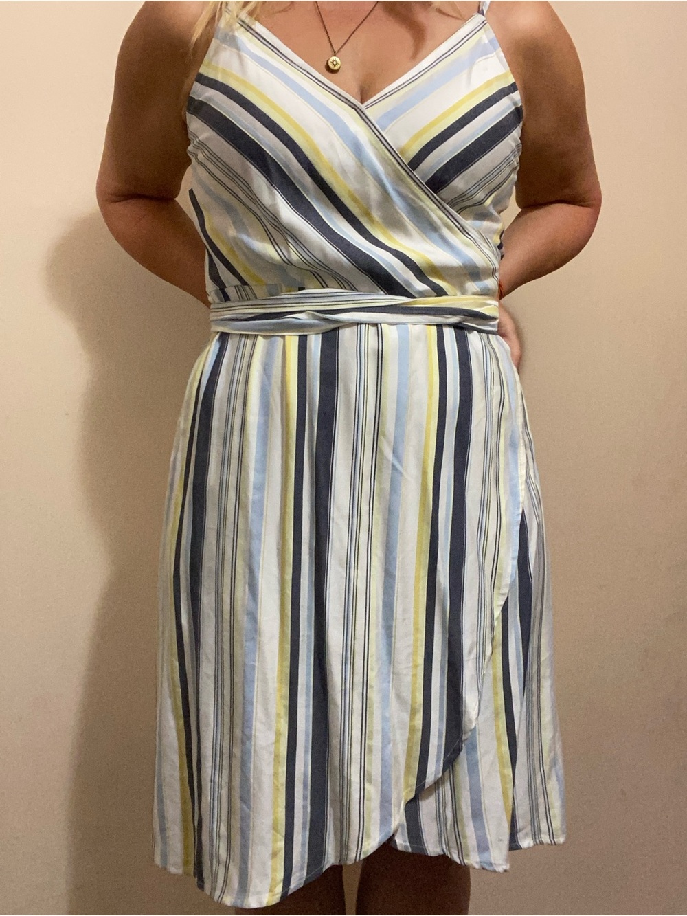 LOFT Striped Wrap Dress in Blue, Yellow & Creamy size 6 (can also fit size 8)